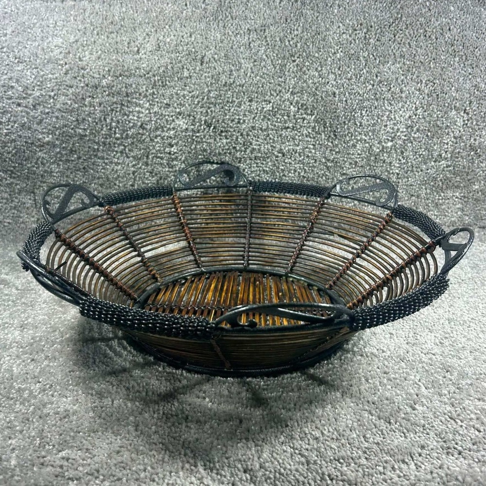 Wood Metal Wire Decorative Bowl Brown Scroll Handle Rustic Large 12in